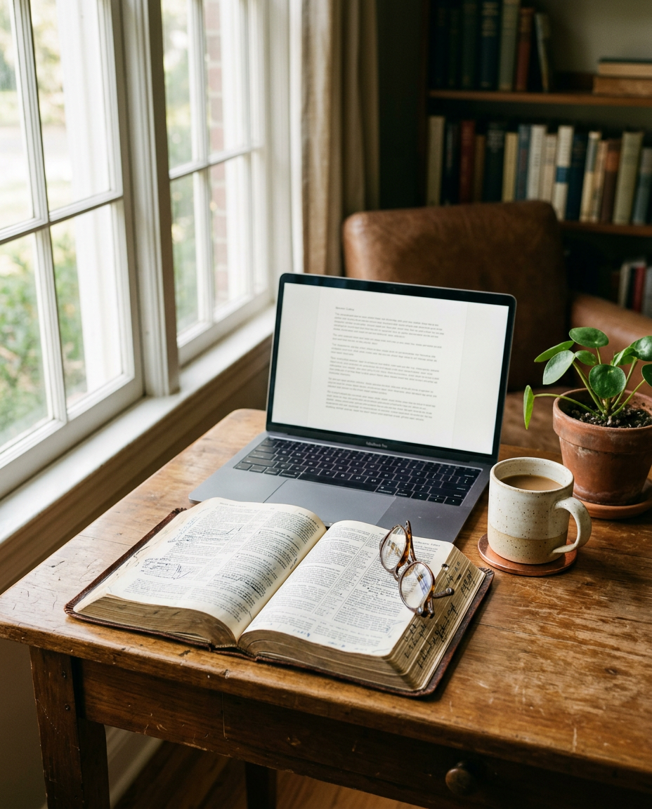 A pastor's study desk with an open Bible, notes, a laptop and a cup of coffee in morning light